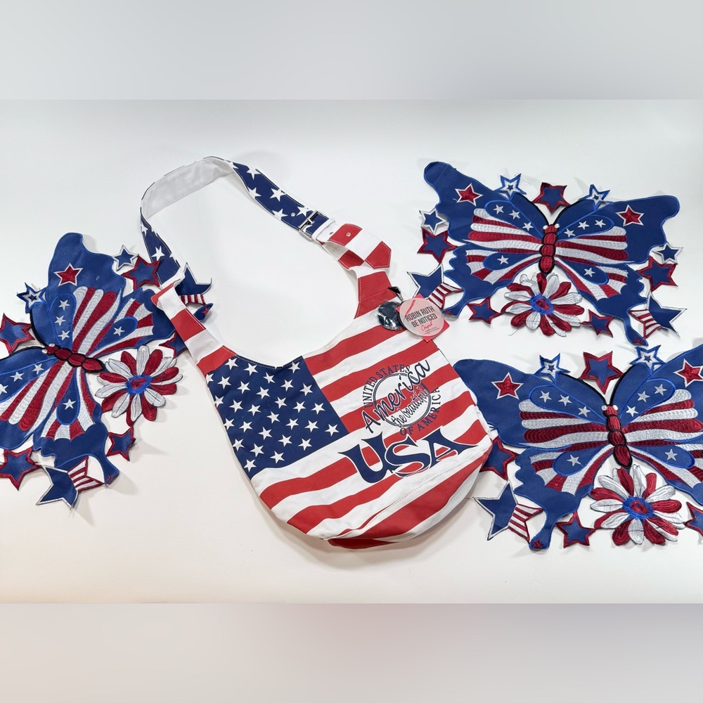 Robin Ruth Cross Body Shoulder Bag American Flag USA & 3 Butterfly Placemats